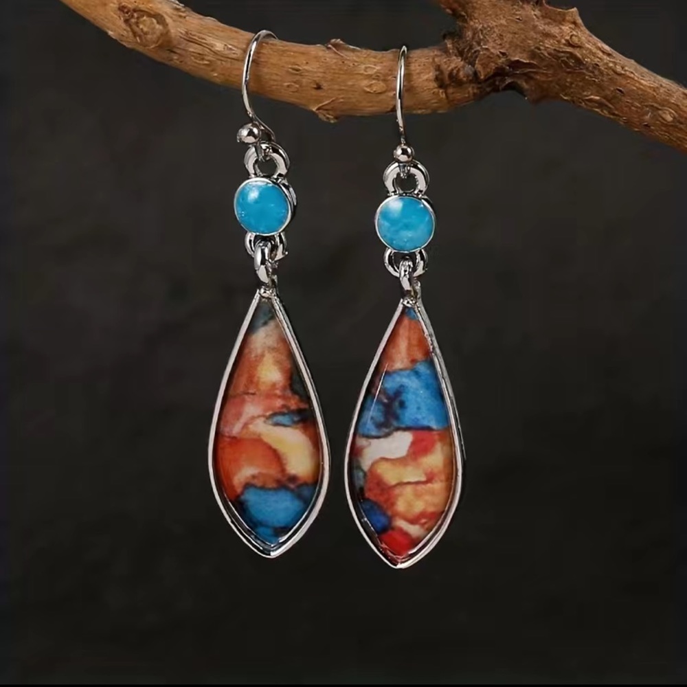 💜New Silver Boho Earrings-blue stone with dangling multicolor teardrop